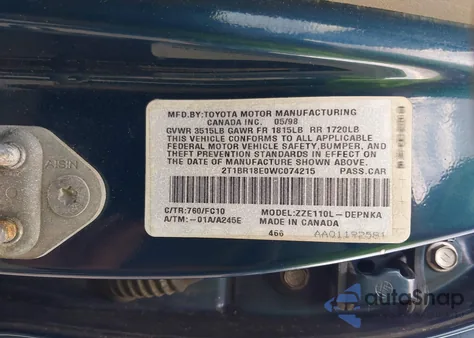 1998 Toyota Corolla Le from USA, damaged, VIN 2T1BR18E0WC074215